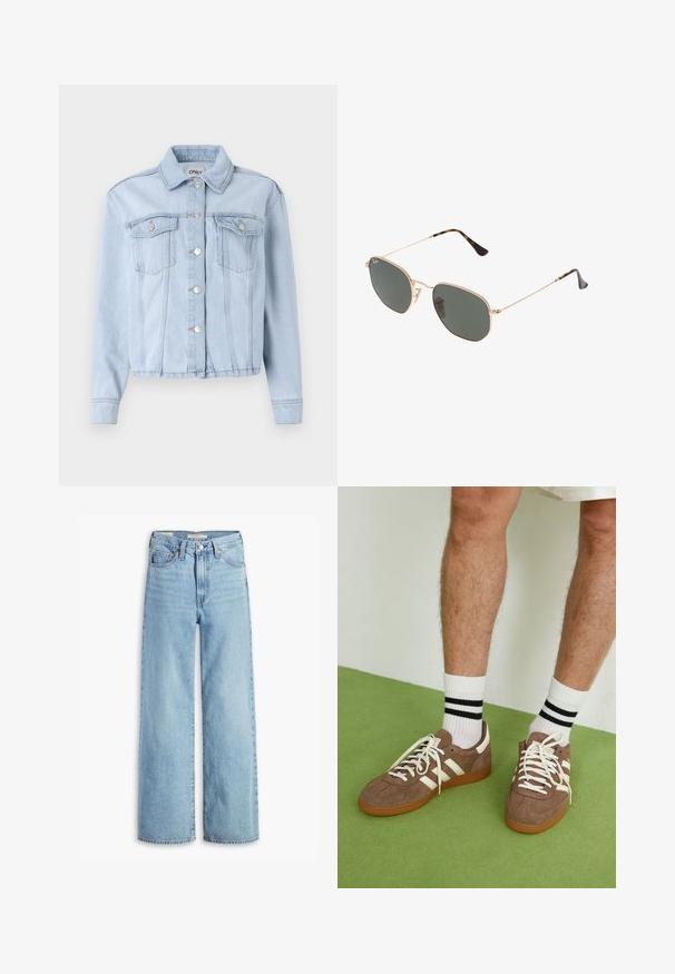 Vaaleansininen farkkutakki, jossa on kauluksellinen kaula-aukko, napitin etugalva ja kaksi rintataskua. Pitkät hihat ja käänteet hemmenneinä.; Harmaa neule pyöreällä pääntiellä, pitkät hihat ja ribbiresorit. Kangas näyttää pehmeältä, kevyt tekstuuri ja hieman väljä istuvuus.; Korkeavyötäröiset, vaaleansiniset levenevät farkut, joissa on etupainike ja vetoketju, vyölenkit ja viisi taskua.; Ruske nahkate sneakerit valkoisilla korostuksilla ja nauhoilla. Kumi-gumipohja. Yhdistetty valkoisiin sukkiin, joissa on mustia raitoja. Vihreä teksturoitu lattia.; Kultaa metallikehyksiset aurinkolasit tummanvihreillä linsseillä, pilottilaatuinen tyyli, jossa on kapeat varret ja kilpikonnakuosiset korostukset päissä.; Ruskea mokkahoitokassi, jossa on kaareva muoto, kontrastiväriset ompeleet, kultaiset metalliosat ja vetoketjullinen etutasku.