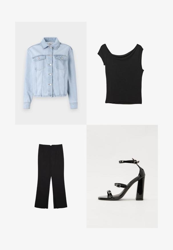 Svetlo modra denim jakna z ovratnikom, z gumbom spredaj in dvema žepoma na prsih. Ima dolge rokave in obrobljene manšete.; Črna kratka majica s kratkimi rokavi iz gladkega blaga; ima drapiran izrez in asimetrično spodnjo rob, s prilegnjenim telesom.; Črne hlače ravnega kroja z naglavnimi žepi in stranskimi razporki na robu. Narejene iz mehke, gladke tkanine. Primerne za različne priložnosti.; Črne lakirane sandale s peto, kvadratnim prstom, trakovi okrog gležnja in srebrnimi zaponkami. Opremljene so s stabilno Debelo peto.