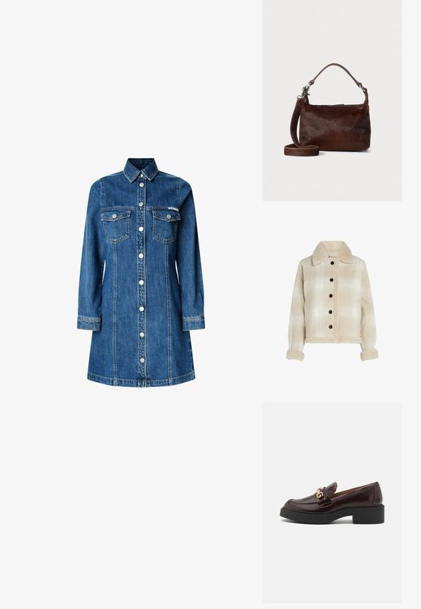 Beige geruite jas met een schapenvachten kraag, zwarte knopen en zachte, gestructureerde manchetten. Verkorte ontwerp met twee voorkanten zakken.; Jeanshemdjurk, lange mouwen, knoopsluiting aan de voorkant, twee borstzakken, klassieke kraag, medium blauwe kleur en lichte stikseldetails.; Bruine leren instapschoen met een gouden accent gesp, zwarte blokhak en een gladde textuur. Het zijaanzicht toont de ronde neus en gestikte details.; Bruine lederen handtas met een zachte, textuurachtige vachtachtige buitenkant, slank ontwerp, een korte handgreep en een afneembare schouderriem.