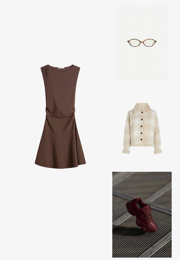 Beige ternetjakke med sherpa-krave, sorte knapper og bløde teksturerede manchetter. Kroppe design med to forlommer.; Ærmeløs brun knælang kjole med rund halsudskæring og let sidelægning, udvidet nederdel på ensfarvet hvid baggrund.; Bordeaux sneakers med en tekstureret overdel, snørelukning og udtalte sålkonturer. Har logo og sømløse syntetiske materiale accenter.; Skildpaddebriller med ovale linser og en elegant, glat finish. Har tynde sider med en subtil kurve ved tindingerne. Klare linser.; Brun ruskinds crossbody taske med en top-håndtag, forreste klap og hardware i guldton. Har et læderaccent ved bunden af klappen.