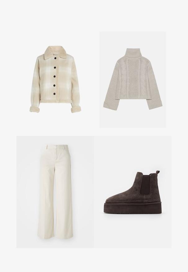 Bežs plānas svītrainas jakas ar aitu vilnas apkakli, melniem pogām un mīkstiem teksturētiem piedurkņu galiem. Saīsināts dizains ar divām priekšējām kabatām.; Izgriezts, gaiši pelēks adīts džemperis ar augstu apkakli un ribotiem piedurknēm, ar fakturētām virknēm gar muguru un sāniem.; Platas kājās bikses gaisā bežā krāsā, izgatavotas no gludas auduma. Iezīmē klasisku jostasvietu un plakanu priekšpusi ar tīrām līnijām.; Brūni zamša Chelsea zābaki ar elastīgiem sānu paneļiem un biezas, teksturētas platformas zoli. Iespējams, ir vilkšanas cilpa uz papēža, kas atvieglo uzvilkšanu.