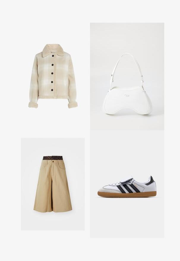 Casaco xadrez bege com colarinho em pelagem, botões pretos e punhos de textura suave. Design cropped com dois bolsos frontais.; Top cropped de mangas longas castanho, feito de material suave, com um decote arredondado e um design ajustado. Sem padrões ou detalhes visíveis.; Calções caqui com um design de perna larga e uma faixa na cintura em padrão de leopardo. Apresentam bolsos frontais e fecho com botão. Tecido suave e texturizado.; Sneaker de couro branco com riscas pretas e detalhes cinzas, apresentando uma biqueira arredondada e sola de borracha natural. Fecho em velcro e atacadores.; Bolsa branca com uma superfície lisa e brilhante, forma curva e uma única alça ajustável. Apresenta um logótipo em relevo na parte da frente.