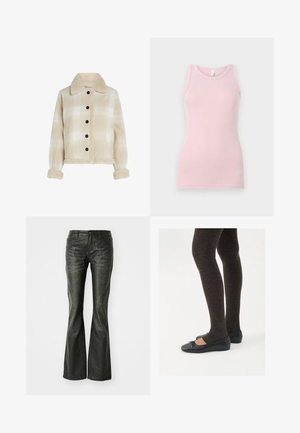 Bež ruuduline jakk, millel on karvane krae, mustad nööbid ja pehmed tekstuuriga mansetid. Lühike disain, millel on kaks esimest kotti.; Heled roosa tanki ülemus, mis on valmistatud pehmest ja elastsetest kangast. Omab ümmargust kaelust ja kitsaid õlgu, sileda tekstuuri ja kehaümberkujundavat lõiget.; Mustad kunstnahkflared teksad esipocketitega, metallist nupuklips ja kergelt tekstureeritud pind. Sirge jala lõige, pikem lõige.; Mustad mustad kingad väikese teksaga varvaste juures, koos tumedate pruunide ribakangastega. Kingadel on sile tekstuur ja madal profiil.