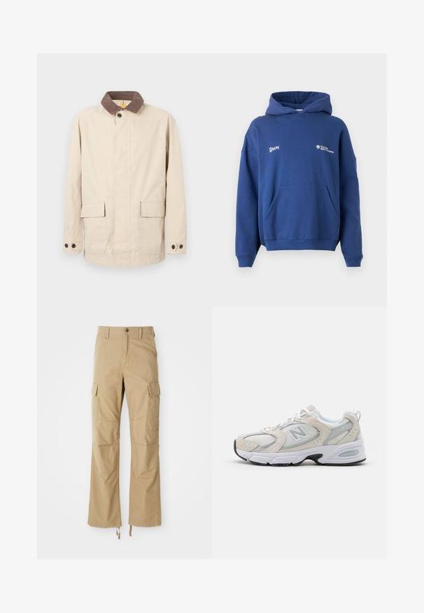 Šviesiai rudos spalvos džinsinis švarkas, pagamintas iš medvilnės, su rudais velveto apykaklėmis, turintis dvi priekinės kišenes ir mygtukų akcentus ant rankovių.; Tamsiai mėlyna džemperis iš minkštos medvilnės, turi priekines kišenes, gyslinius rankogalius ir siuvinėtas logos ant krūtinės. Laisvas, per didelis siluetas.; Kakijų cargo kelnės, pagamintos iš tvirto audinio, su keliais šoniais kišeniais, tiesiais kojų kirpimais ir reguliuojamomis raištelėmis apatine dalimi.; Sportiniai bateliai su šviesiai pilku tinkliniu viršumi, akcentais iš zomšos, baltais raiščiais ir juodu guminiu padu. Išskirtinė ABZORB amortizacijos detalė.