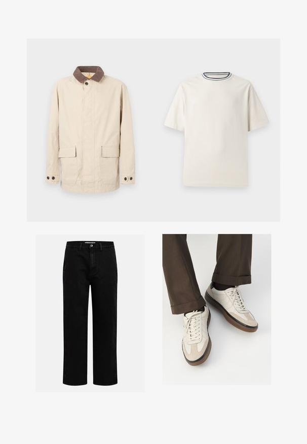 Béžová bunda vyrobená z bavlny s hnedým kordovým golierom, s dvoma prednými vreckami a gombíkovými detailmi na rukávoch.; Krémové bavlnené tričko s krátkymi rukávmi, s okrúhlym výstrihom doplneným námorníckymi a bielymi pruhmi. Hladká textúra, voľný strih.; Čierne džínsové nohavice so strihom rovného nohu, klasickým dizajnom s piatimi vreckami a gombíkovým zapínaním v páse. Hladká textúra a odolná tkanina.; Béžové tenisky s textúrovanou zamšovou prednou časťou, hladkými koženými bočnými stranami a hnusou gumovou podrážkou. Obsahujú šnúrky a svetlé stehy ako detail.