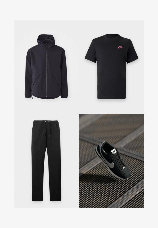 Musta kevyt takki hupulla, edessä vetoketju ja kaksi sivutaskua. Varustettu joustavilla hihansuilla ja säädettävällä helmalla mukautuvaa istuvuutta varten.; Mustat puuvillapaita, jossa on pyöreä pääntie ja lyhyet hihat. Vasemmalla ylhäällä on vaaleanpunainen Nike-logo. Saumaton pinta.; Mustat collegehousut, jotka on valmistettu fleece-materiaalista ja joissa on joustava vyötärö, jossa on kiristysnyörit, kaksi etutaskua ja pieni logo reidessä.; Musta Nike-tennarit, joissa on harmaat korostukset, valmistettu nahasta ja verkkomateriaalista, tekstuuripohja, kapea muoto ja perinteinen nauhoitusdesign.