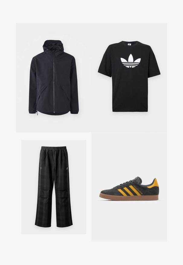 Schwarze, leichte Jacke mit Kapuze, frontseitigem Reißverschluss und zwei seitlichen Taschen. Mit elastischen Bündchen und verstellbarem Saum für eine optimale Passform.; Schwarzes Baumwoll-T-Shirt mit kurzen Ärmeln, das ein großes weißes Adidas-Logo und drei horizontale Streifen am Saum zeigt. Klassisches Rundhalsdesign.; Schwarze karierte Hosen mit elastischem Bund, zwei Fronttaschen und lockerer Passform im geraden Beinschnitt. Hergestellt aus leichtem Material.; Schwarze Wildledersneaker mit gelben Akzenten, ausgestattet mit drei Streifen und einer braunen Gummisohle. Enthält eine gepolsterte Zunge für zusätzlichen Komfort.