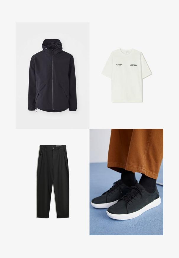 Sort letvægtsjakke med hætte, frontlynlås og to sidelommer. Har elastiske manchetter og justerbar kant for en tætsiddende pasform.; Hvid bomulds t-shirt med korte ærmer. Forsiden har sort tekst: "IKKE I MORGEN IKKE I DAG" og "KUNSTEN AT FLYTTE DIRT" i grøn skrift.; Sorte bomuldsbukser med en afslappet pasform, der har en klassisk talje, frontfolder og sidelommer. Glat tekstur uden mønstre.; Sorte ruskinds sneakers med hvide gummisulder, med snørebånd-design, teksturerede detaljer og diskret branding, parret med brune bukser.