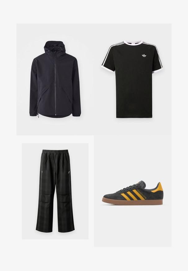 Czarna lekka kurtka z kapturem, z przodu na zamek i dwoma kieszeniami po bokach. Posiada elastyczne mankiety i regulowany dół, co zapewnia dopasowanie.; Czarny t-shirt wykonany z bawełny z białymi akcentami. Posiada krótkie rękawy, fason raglanowy oraz małe logo na klatce piersiowej. Trzy białe paski na ramionach.; Czarne spodnie w kratę z elastycznym pasem, dwoma przednimi kieszeniami i luźnym krojem ze prostymi nogawkami. Wykonane z lekkiego materiału.; Czarne zamszowe sneakersy z żółtymi akcentami, z trzema paskami i brązową gumową podeszwą. Posiadają wyściełany język dla większego komfortu.