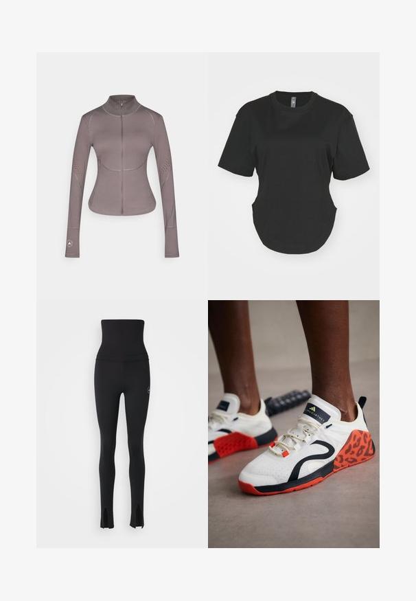 adidas by Stella McCartney ASMC MIDL - Chaqueta de entrenamiento - charcoal; Camiseta negra de manga corta hecha de algodón. Cuello redondo con dobladillo curvado y aberturas laterales. Textura suave, ajuste casual.; adidas by Stella McCartney Leggings - black; Zapatillas deportivas blancas con un acento de estampado de leopardo negro y naranja. Cuentan con una parte superior de tela texturizada, suela de goma y sistema de cordones.