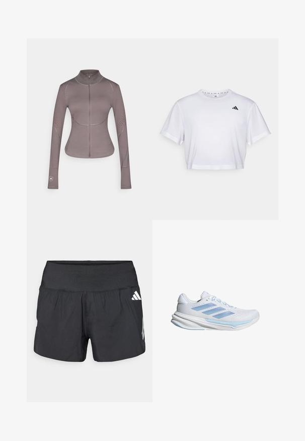 adidas by Stella McCartney ASMC MIDL - Verryttelytakki - charcoal; Valkoinen lyhythihainen t-paita, joka on valmistettu pehmeästä kankaasta. Pyöreä pääntie. Musta logo vasemmassa rinnassa.; Musta urheilushortsit, joissa on leveä joustava vyötärönauha, kevyt kangas ja valkoiset logokoristeet alaosassa sivulla.; Valkoiset juoksukengät, joissa on vaaleansiniset yksityiskohdat, hengittävä verkko-osa, kolmiraitainen muotoilu, pehmustettu pohja ja teksturoitu pito-ulkopohja.