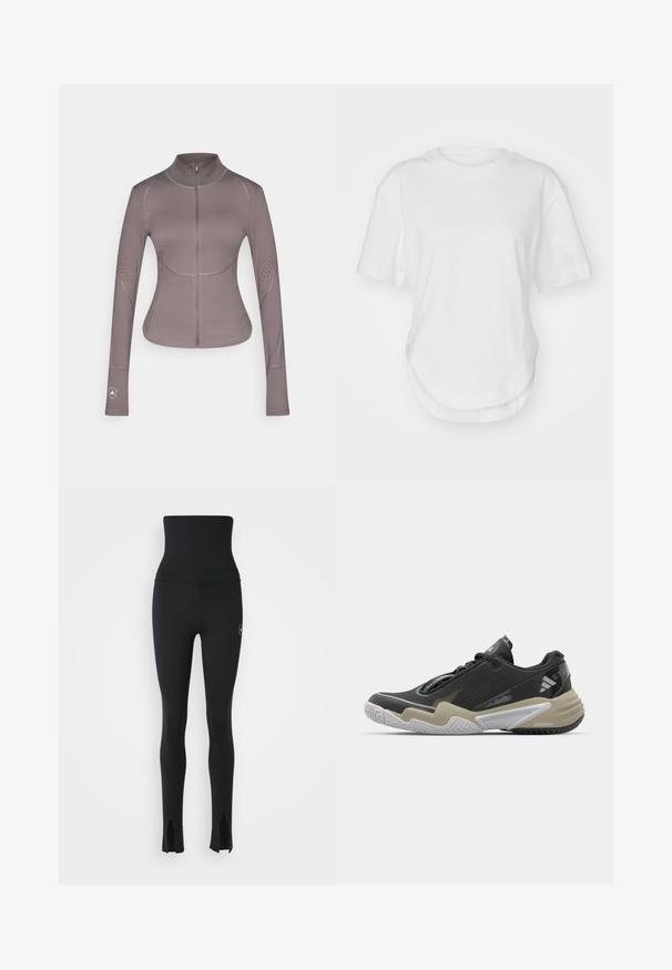 adidas by Stella McCartney ASMC MIDL - Trainingsjacke - charcoal; Weißes Baumwoll-T-Shirt mit rundem Halsausschnitt, kurzen Ärmeln und abgerundetem Saum. Glatte Textur ohne Muster oder Akzente.; adidas by Stella McCartney Tights - black; Schwarzer und beiger Sportschuh mit strukturiertem Obermaterial, auffälligem Sohlen-Design, reflektierenden Akzenten und Schnürsystem. Leichte Konstruktion.