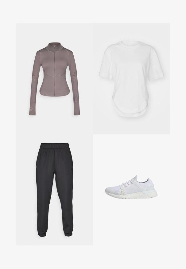 adidas by Stella McCartney ASMC MIDL - Trainingsjacke - charcoal; Weißes Baumwoll-T-Shirt mit rundem Halsausschnitt, kurzen Ärmeln und abgerundetem Saum. Glatte Textur ohne Muster oder Akzente.; Schwarze sportliche Jogginghosen mit elastischem Bund und Bündchen. Glatte Textur, mit einem Logo an der Seite und schmaler Passform.; Weiße Sportschuh mit einem gestrickten Obermaterial, strukturierten seitlichen Einsätzen und einer gepolsterten weißen Sohle. Verfügt über Schnürsenkel und eine verstärkte Zehenkappe.