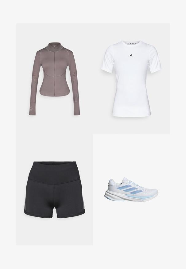 adidas by Stella McCartney ASMC MIDL - Trainingsvest - charcoal; Witte sportshirt met korte mouwen, gemaakt van zachte, rekbare stof. Voorzien van een klein zwart Adidas-logo op de borst.; Zwarte sportkorte broek met een hoge tailleband, gemaakt van rekbare stof. Voorzien van witte zijstrepen en flatlocknaden voor comfort.; Witte hardloopschoenen met lichtblauwe accenten, ademend mesh bovenwerk, drie-stripes ontwerp, gevoerde zool en getextureerde tractiezool.