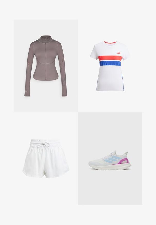adidas by Stella McCartney ASMC MIDL - Treningsjakke - charcoal; Hvit treningstrøye med røde og blå horisontale striper, rund hals, korte ermer og en logo på brystet.; Hvite sportsbukser med elastisk midje og justerbar snor. Laget av lett materiale, med sidelommer og løs passform.; adidas Performance PUREBOOST 5 - Løpesko for vei - white/glow blue/purple burst