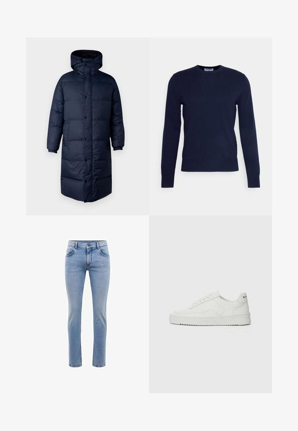 Marineblauwe pufferjas met hoge kraag, drukknoopsluiting en elastische manchetten. Kenmerkt zich door een lange, geïsoleerde pasvorm met een gladde textuur.; Marineblauwe ronde hals trui van zachte stof, met lange mouwen en een geribbelde zoom. Geen zichtbare patronen of versieringen.; Lichtblauwe denim jeans met een slim fit, vijf zakken en een rechte pijp. Voorzien van een rits en riemlussen. Zachte textuur.; Witte leren sneaker met een gladde afwerking, ronde neus, platte veters en een gestructureerde zool. Kenmerkt zich door een subtiel logo op de hiel.