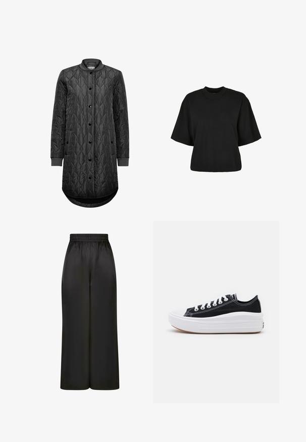 Manteau long matelassé noir avec boutons-pression, poignets côtelés et ourlet rond. Fabriqué en matériau synthétique brillant avec une texture lisse.; T-shirt noir court en coton. Doté de manches courtes et d'un col rond. Texture lisse avec un design simple, sans motifs supplémentaires.; Pantalons larges noirs en tissu lisse et brillant, avec une taille élastique et sans poches ni détails en métal visibles.; Baskets en toile noires avec des lacets blancs, un embout en caoutchouc blanc et une semelle intermédiaire blanche épaisse. Présentent des coutures blanches discrètes et une semelle en gomme.