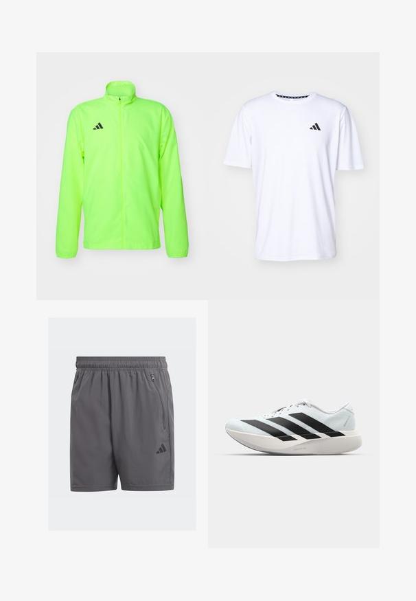Jachetă sportivă neon verde, din material ușor, cu fermoar pe toată lungimea, guler înalt, mâneci lungi, perforații sub brațe, având un logo negru pe piept.; Tricou alb cu mânecă scurtă dintr-un material cu o textură netedă. Dispune de un logo negru adidas pe pieptul stâng și un guler cu un model.; Shorts atletici gri cu talie elastică, buzunare laterale cu fermoar și un accent cu logo negru. Textură ușoară și netedă, de lungime până la genunchi.; Pantofi de alergare ușori în albastru deschis cu dungi negre. Au un superior neted, vârf rotund și o intermediară groasă albă etichetată "LIGHTSTRIKE PRO."