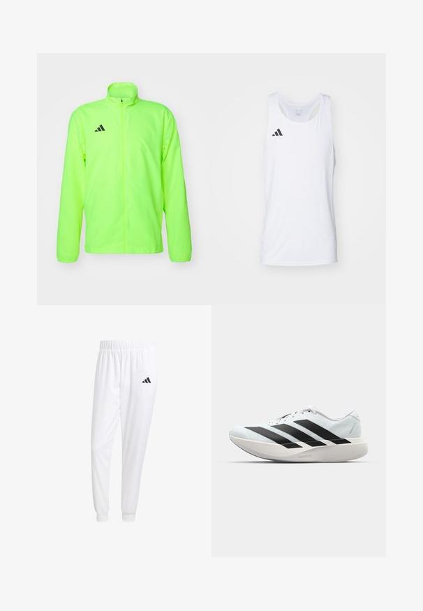 Neon-grüne Sportjacke, leichtes Material, durchgängiger Reißverschluss, hoher Kragen, lange Ärmel, Belüftungsöffnungen unter den Armen, mit schwarzem Logo auf der Brust.; Weißes ärmelloses sportliches Tanktop aus leichtem Stoff, mit schwarzem Adidas-Logo auf der linken Brust und einem runden Ausschnitt.; Weiße Sporthose aus glattem Stoff, mit einem elastischen Bund und enganliegenden Bündchen, mit einem schwarzen Logo auf der Gesäßtasche.; Leichte Laufschuhe in hellblau mit schwarzen Streifen. Sie verfügen über ein glattes Obermaterial, eine runde Zehenpartie und eine dicke weiße Zwischensohle, die mit "LIGHTSTRIKE PRO" beschriftet ist.