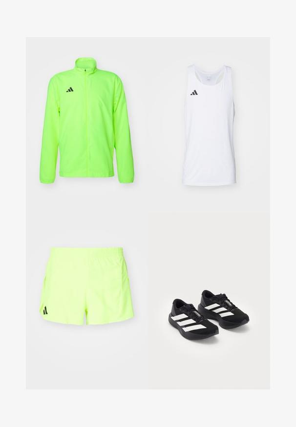 Giacca sportiva verde fluo, tessuto leggero, chiusura frontale con zip, colletto alto, maniche lunghe, perforazioni sotto le braccia, con logo nero sul petto.; Canotta atletica bianca senza maniche realizzata in tessuto leggero, con il logo Adidas nero sul lato sinistro del petto e scollatura a girocollo.; Shorts atletici giallo neon con cintura elastica, tasche laterali e un logo nero in basso a sinistra. Tessuto liscio e leggero.; Un paio di scarpe da corsa Adidas Adizero nere con strisce e lacci bianchi su uno sfondo bianco, posizionate affiancate.