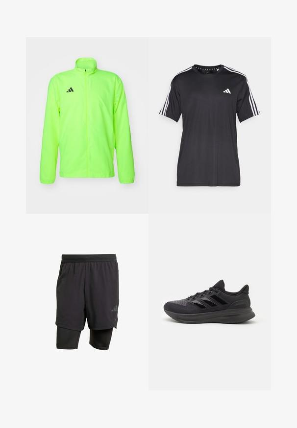 Veste de sport néon verte, en tissu léger, fermeture éclair sur toute la longueur à l'avant, col haut, manches longues, perforations sous les bras, avec un logo noir sur la poitrine.; T-shirt noir à manches courtes avec un design à trois bandes blanches sur les épaules et un logo sur la poitrine. Fabriqué en tissu respirant, texture lisse.; Shorts de sport noirs avec une couche intérieure intégrée, fabriqués en tissu respirant. Présentent un logo discret et une texture structurée. Ceinture ajustable.; Chaussure de sport noire avec dessus en tissu texturé, semelle en caoutchouc et trois rayures noires brillantes sur le côté. Bout arrondi et talon rembourré.