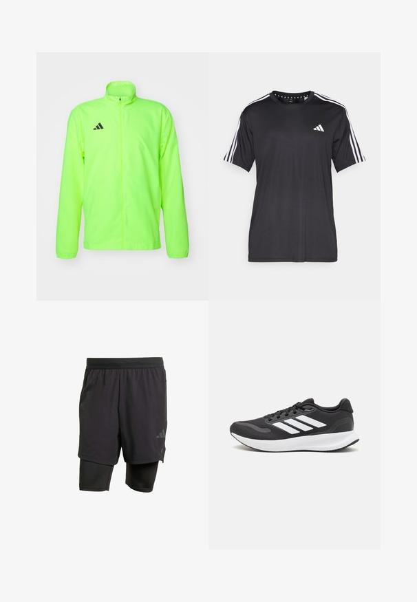 Neon green athletic jacket, lightweight fabric, full-zip front, high collar, long sleeves, perforations under arms, featuring black logo on chest.; Black short-sleeve t-shirt with white three-stripe design on shoulders and logo on the chest. Made from breathable fabric, smooth texture.; Black athletic shorts with integrated inner layer, made from breathable fabric. Features subtle logo and structured texture. Adjustable waistband.; Black athletic shoe with breathable mesh upper, white accents, and a cushioned sole. Features three stripes logo on the side.