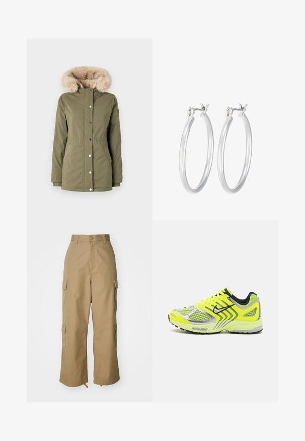 Olivovo zelená parka s umelou kožušinou na kapucni, prednými vreckami, cvokovými gombíkmi a nastaviteľným pásom. Hladká textúra a dizajn do polovice stehien.; Biely rebrovaný top s dlhým rukávom a okrúhlym výstrihom. Vyrobený z pružného materiálu, ktorý obopína telo. Obsahuje jemné horizontálne pruhy.; béžové cargo nohavice s vysokým pásom, širokými nohavicami a štyrmi veľkými bočnými vreckami. Vyrobené z odolnej tkaniny s hladkou textúrou a minimálnymi detailmi.; Neónové žlté bežecké topánky s sieťovanými panelmi, striebornými akcentmi, čiernymi detailmi a textúrovanou podrážkou. Funkcie zahŕňajú šnúrky a polstrovaný golier.; Strieborné kruhové náušnice s hladkým, lesklým povrchom. Kolový tvar a bezpečné klikanie na uzatváranie. Ľahký dizajn vhodný na každodenné nosenie.