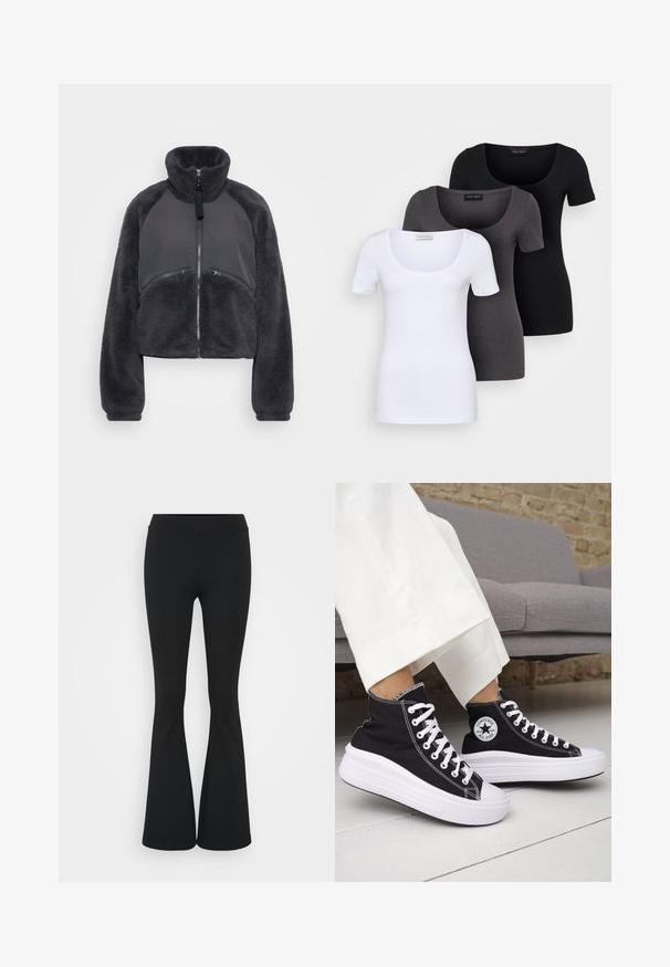 Kraftig kort jacka i mörkgrå fleece med en slät grå panel framtill. Har en hög krage och framfickor med dragkedja.; Tre åtsittande T-shirts i vitt, grått och svart. Var och en har en bred rundad halsringning och korta ärmar. Tillverkade av mjukt, stretcht tyg.; Svarta utsvängda byxor i elastiskt tyg med hög midja och en mjuk textur. Byxorna vidgar sig från knäet.; Svarta höga sneakers med vita gummisulor och snören. Har en rund logotypmärke och kontrasterande vita sömmar. Tillverkade av canvasmaterial.