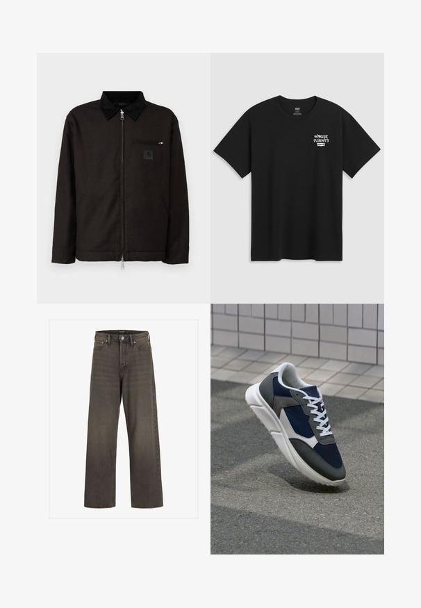 Carhartt WIP TRUMAN COAT - Light jacket - chocolate/black; Black cotton t-shirt featuring a chest print that reads "HOUSE PLANTS" in white stylized font with "Levi's" below. Classic crew neckline.; Wide-leg jeans in dark grey denim, featuring a high waist, classic five-pocket design, and contrasting stitching along the seams.; Sneaker featuring a navy blue mesh upper, gray suede accents, white rubber sole, and flat white laces, designed for comfort and breathability.