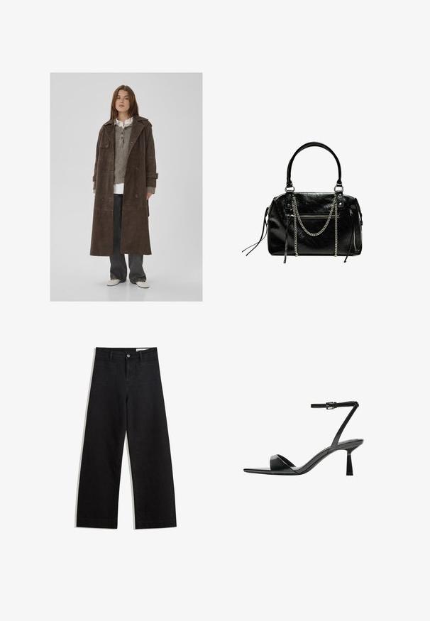 Hnedý semišový dvojradový trenčkot s veľkými gombíkmi, ramennými epauletmi a širokými rukávmi, preložený cez šedý pletený sveter.; Hnedé, vysoký krk jednodielne plavky s tenkými, nastaviteľnými ramienkami; s vysokým strihom na nohách a hladkým povrchom. Bez vzorov alebo ozdôb.; Čierne denimové nohavice s širokými nohavicami a vysokým pásom, so prednými a zadnými vreckami, šitými švami a zapínaním na gombík. Hladká textúra.; Bershka Sandále na vysokom opätku - black; Bershka WITH CHAIN - Kabelka - black