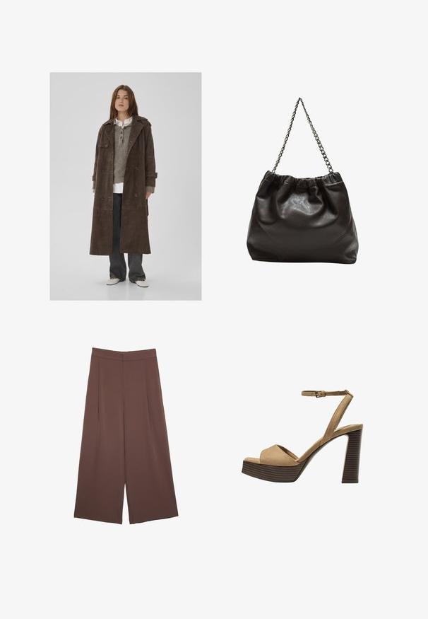 Brązowy zamszowy trencz zapinany na podwójne guziki, z dużymi guzikami, naramiennikami i szerokimi rękawami, nałożony na szary sweter z dzianiny.; Brązowa koszulka z krótkim rękawem, wykonana z miękkiego materiału, z okrągłym dekoltem i luźnym krojem. Brak widocznych wzorów lub akcentów.; Brązowe spodnie o szerokich nogawkach z gładką fakturą, z wysokim stanem i plisami z przodu. Materiał jest lekki i luźno opada.; Beżowe zamszowe sandały na wysokim obcasie z szerokim paskiem z przodu i paskiem za kostkę, z masywnym drewnianym obcasem o teksturowanym wykończeniu.; Brązowa skórzana torba z marszczonym szczytem i łańcuszkowym paskiem. Gładka tekstura z błyszczącym wykończeniem i subtelnymi detalami szwów po bokach.