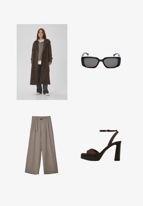 Hnědý semišový plášť do deště s dvojitým zapínáním, velkými knoflíky, ramenními vycpávkami a širokými rukávy, vrstvený přes šedý pletený svetr.; Hnědé tričko s krátkým rukávem vyrobené z měkké látky, s kulatým výstřihem a volným střihem. Bez viditelných vzorů nebo dekorací.; Kalhoty s širokými nohavicemi v měkké, tlumené šedé látce, s páskem v pase a sklady pro přidaný designový detail. Hladká textura, bez vzorů.; Hnědé semišové sandály na vysokém podpatku s otevřenou špičkou, nastavitelným páskem kolem kotníku a proužkovou platformou.; Černé obdélníkové sluneční brýle s tmavými skly, hladkým plastovým rámem a zakřivenými stranicemi. Design je robustní s minimalistickou estetikou.
