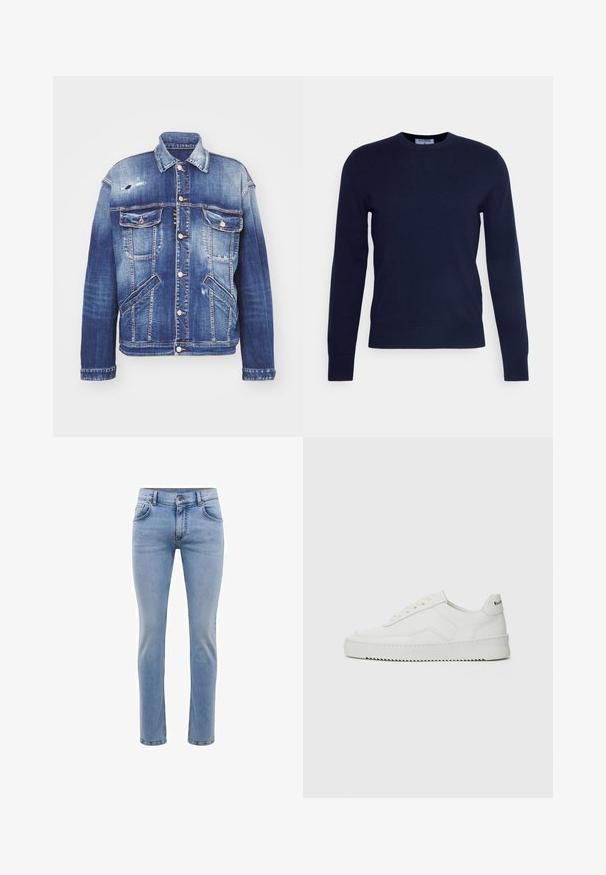 Denim jacket in various shades of blue with a structured shape, distressing details, button closure, four pockets, and classic collar.; Navy blue crew-neck sweater made of soft fabric, featuring long sleeves and a ribbed hem. No visible patterns or embellishments.; Light blue denim jeans with a slim fit, five pockets, and a straight leg design. Features a zipper fly and belt loops. Soft texture.; White leather sneaker with a smooth finish, round toe, flat laces, and a textured sole. Features a subtle logo on the heel.