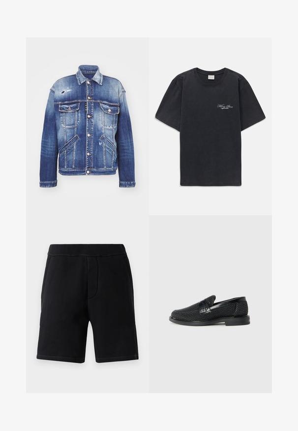 Denim jacket in verschillende tinten blauw met een gestructureerde vorm, verweringsdetails, knoopsluiting, vier zakken en een klassieke kraag.; Zwarte korte mouwen crew neck t-shirt met klein wit "Filling Pieces" tekstlogo op de linkerborst.; Zwarte sportshorts van zacht materiaal; voorzien van een elastische tailleband, twee zijzakken en contrasterende stiksels.; Zwartegeweven instap schoenen met een glad leren accent aan de bovenkant, een ronde neusontwerp en een laag profiel rubberen zool.
