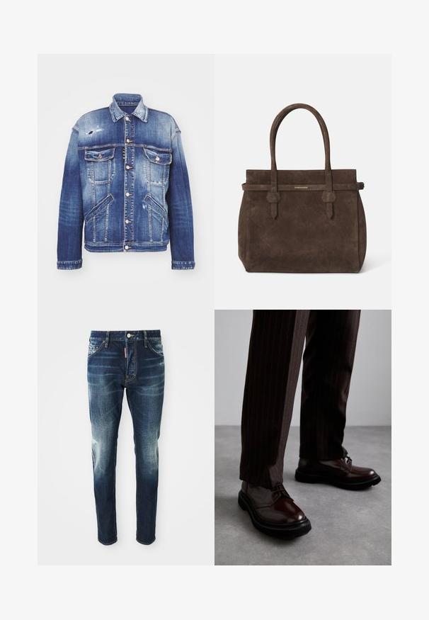 Džínová bunda v různých odstínech modré s strukturovaným tvarem, detaily opotřebení, zapínání na knoflíky, čtyři kapsy a klasický límec.; Bílé bavlněné tílko bez rukávů s kulatým výstřihem, s hladkou texturou a přiléhavým střihem, navržené pro volnočasové nošení.; Tmavě modré džíny s úzkým střihem, se zesvětlenými místy na stehnech a kolenou, pěti kapsami a kovovým zapínáním na knoflík.; Hnědé kožené šněrovací boty s lesklým povrchem, černou gumovou podrážkou a jemným štepováním. Nosené s hnědými pruhovanými kalhotami.; Tmavě hnědá semišová taška s dvojitými uchy a horizontálním popruhem se štítkem s malým zlatým logem DSQUARED2.