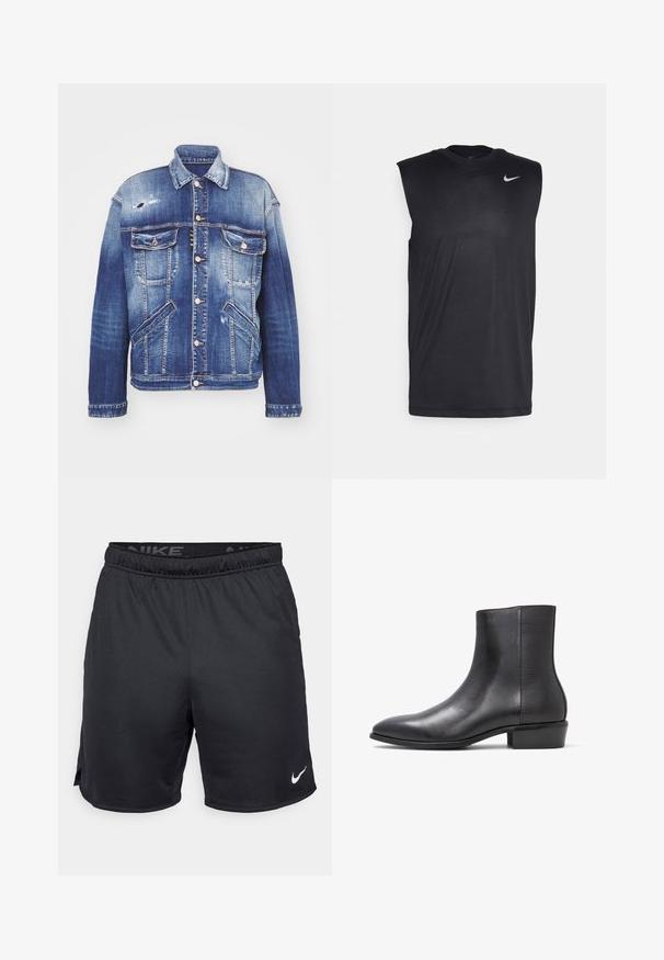 Denim jakk erinevates sinistes toonides struktureeritud kujuga, kulumise detailidega, nööbiga sulgemine, neli taskut ja klassikaline krae.; Mustamugav sportlike õhuke särk, millel on ümmargune kaelus ja väike valge Nike swooshi logo vasakul ülanurgas.; Mustad mustad Nike šortid elastse vöökohtadega, külgsuplementide ja alumise äärde valge Nike logo. Valmistatud kerge ja struktuurlise kangaga.; ALDO PILLOWWALK+FLEX INSIDE ZIP AMUR - Klassikalised poolsaapad - open black