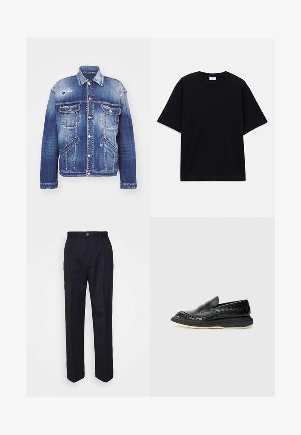 Denim jacket in various shades of blue with a structured shape, distressing details, button closure, four pockets, and classic collar.; Black short-sleeve oversized T-shirt with round neckline and visible Filippa K brand label inside the collar.; Black tailored trousers with a straight-leg design, made of smooth fabric, featuring a front button closure and two side pockets.; The Antipode COLLEGE PIERCED - Slip-ons - black