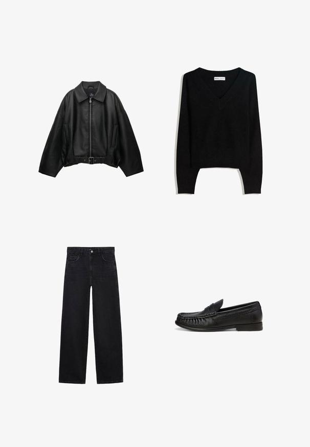 Czarna skórzana kurtka z szerokim kołnierzem, zamkiem błyskawicznym, bocznymi kieszeniami i paskiem w talii. Charakteryzuje się luźnym krojem i fakturowanym materiałem.; Czarny sweter z dekoltem w serek i długim rękawem, dziany, z prążkowanymi mankietami i dołem, położony na płasko na białym tle.; Czarna koszulka wykonana z bawełny, z okrągłym dekoltem, krótkimi rękawami oraz luźnym krojem i gładką fakturą.; Czarne dżinsy o szerokich nogawkach z klasycznym pięciopocketowym designem, zapięciem na guzik z przodu i prostymi nogawkami. Gładka struktura i mocny materiał.; Czarne skórzane loafersy z teksturowanym wykończeniem, zaokrąglonym noskiem i dekoracyjnym przeszyciem z przodu. Niski gumowy obcas zapewniający wygodę.