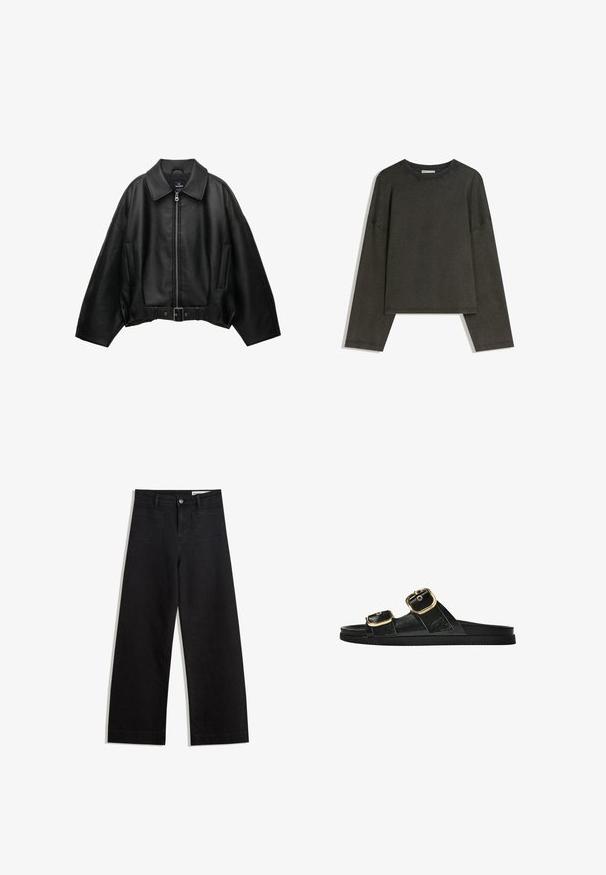 Veste en cuir noire avec un large col, fermeture éclair, poches latérales et taille ceinturée. Caractérisée par une coupe ample et un matériau texturé.; Haut à manches longues gris foncé en tissu mélangé coton. Forme oversize avec un col rond et des épaules basses, présentant des coutures visibles.; Pantalon en denim noir à jambes larges avec une taille haute, comprenant des poches avant et arrière, des coutures piquées et une fermeture à bouton. Texture lisse.; Sandale noire à glissière avec deux accents de boucle en or, en matériau lisse, semelle plate et design minimaliste.