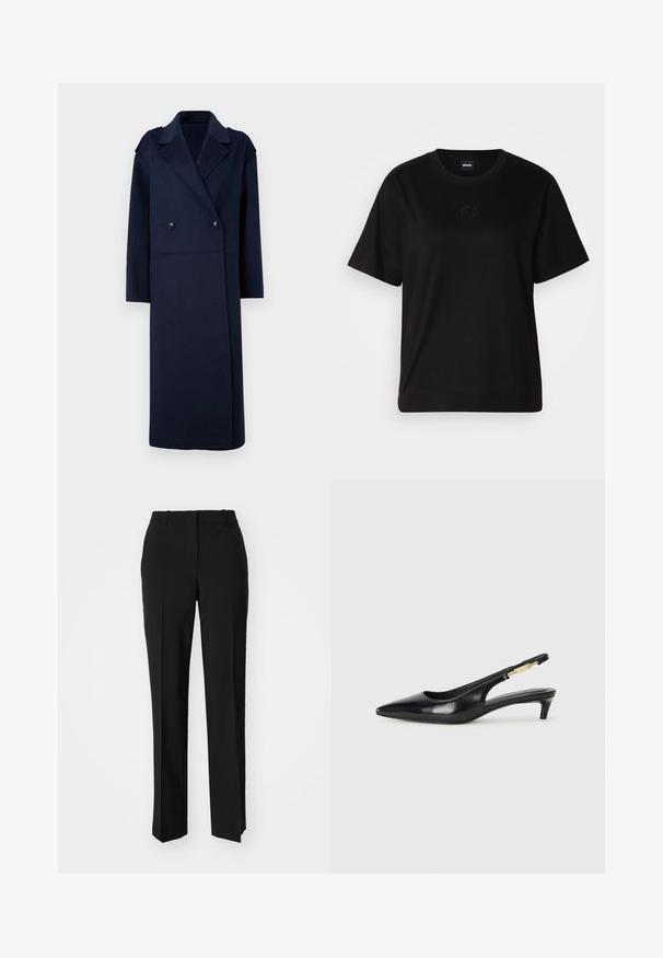 Marinblå kappa i ullblandning med dubbelknäppt front, slagkrage och långa ärmar. Utrustad med två svarta knappar och en medellång design.; Svart bomullströja med rund halsringning, korta ärmar och en broderad logotyp på bröstet. Enkel, avslappnad passform utan mönster.; Svarta skräddarsydda byxor med rak benform, med en slät yta och skarpa veck fram. Ingen synlig hårdvara.; Svart läder slingback-hälar med spetsig tå, med en smal klack och en guldtonad detalj på den justerbara remmen. Slät textur.