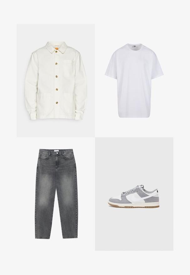 Jachetă albă din bumbac, cu guler, nasturi în față, două buzunare mari în față și un buzunar pe piept cu un mic logo pe buzunar.; Tricou alb din bumbac cu mâneci scurte, decolteu rotund, croială lejeră și fără logo-uri sau modele vizibile. Textură netedă și design minimalist.; Jeans cu talie înaltă, lejere, din denim negru estompat. Caracteristici: cinci buzunare, bucle pentru curea și un design curat cu picior drept.; Sneaker gri și alb, cu un superior din suede și piele, vârf rotund, șireturi plate și o talpă din cauciuc ce prezintă un accent de culoare gum.