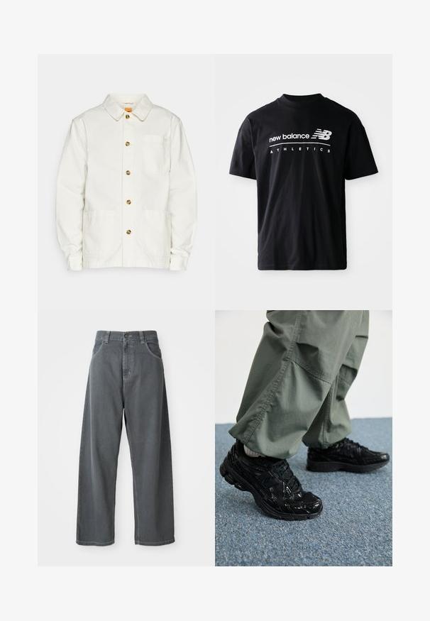 Bela bombažna jakna s ovratnikom, sprednjimi gumbi, dvema velikima prednjima žepoma in žepom na prsih, ki ima majhen logotip.; Črna bombažna majica s kratkimi rokavi in krožnim izrezom, na sprednji strani pa so beli grafični napisi "new balance" in "ATHLETICS".; Sive jeans širokih hlač z visokim pasom, ki vključujejo sprednje žepke, zanke za pas in gumbasto zapiranje v predelu pasu.; Črne športne superge z sijajnimi in mrežastimi teksturami, ki imajo debel podplat in vezalke, v kombinaciji z ohlapnimi olivno zelenimi cargo hlačami.