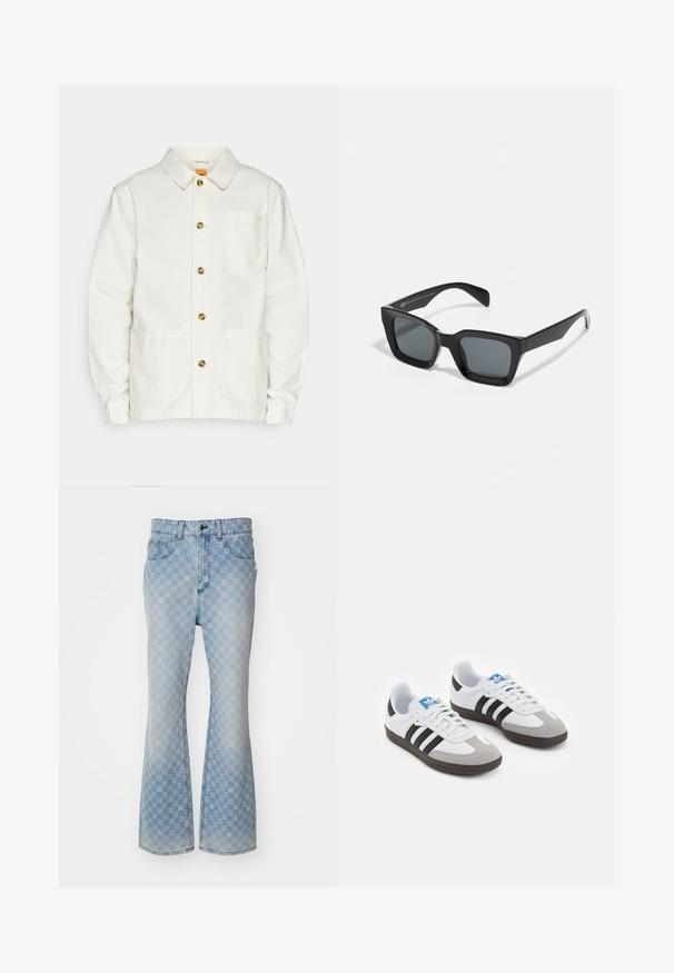 Jachetă albă din bumbac, cu guler, nasturi în față, două buzunare mari în față și un buzunar pe piept cu un mic logo pe buzunar.; Polo cu mânecă scurtă, de culoare albă, cu dungi verticale alternative roz, accente verzi și inscripția "F.C.HOUSE" imprimată cu litere negre îngroșate pe față.; Blugi evazați de denim de culoare albastru deschis, cu un model pe întreaga suprafață cu logo, cinci buzunare, închidere cu nasture și un finisaj ușor decolorat.; Încălțăminte sport cu un superior din piele albă, vârf din suede gri și trei dungi negre. Prezintă un logo albastru pe limbă și o talpă din cauciuc texturat.; Ochelari de soare rectangulari negri cu lentile întunecate. Ramă din plastic cu un finisaj lucios, având un pod lat și brațe ușor înguste.