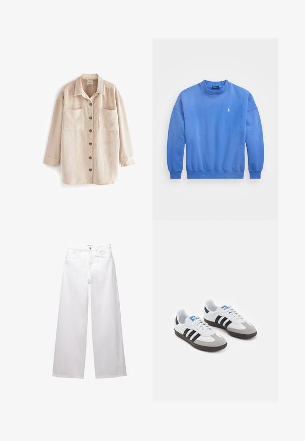 Giacca camicia in corduroy beige con righe verticali, due tasche sul petto, quattro bottoni marroni davanti e colletto a ripiegare.; Felpa blu realizzata in morbido misto cotone, con collo rotondo, maniche lunghe, polsini a coste e un piccolo logo ricamato sul petto.; Jeans bianchi a gamba larga realizzati in denim. Presentano chiusura con bottone, tasche anteriori e posteriori, e cuciture rinforzate. Tessuto liscio con dettagli minimi.; Scarpe sportive con tomaia in pelle bianca, punta in suede grigia e tre strisce nere. Presentano un logo blu sulla linguetta e una suola in gomma testurizzata.