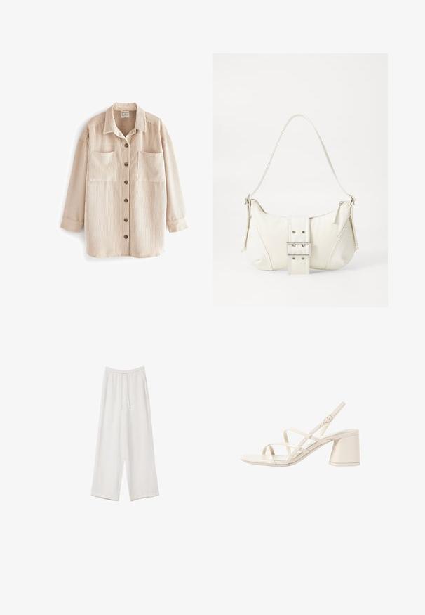 Beige corduroy -paita takki, jossa on pystysuorat raidat, kaksi rintataskua, neljä ruskeaa nappia edessä ja käännettävä kaulus.; Valkoinen pitkähihais t-paita ribbikankaasta, jossa on pyöreä kaula-aukko ja suora helma. Yksinkertainen, yhtenäinen muotoilu.; Valkoiset leveälahkeiset housut kevyestä kankaasta. Ominaisuuksiin kuuluu elastinen vyötärö, jossa on nauhakuuluma ja sivutaskut. Sileä rakenne.; Beige sandaalit korkokengät, joissa on kapeat, ristiin menevät hihnat, avoin varvas ja neliömäinen tukikorko. Liukas lakattu pinta, säädettävä nilkkahihna.; Valkoinen olkalaukku, jossa on teksturoitu pinta, keskeinen solkiyksityiskohta ja kaareva muoto. Vetoketjusulkimet kummallakin puolella.
