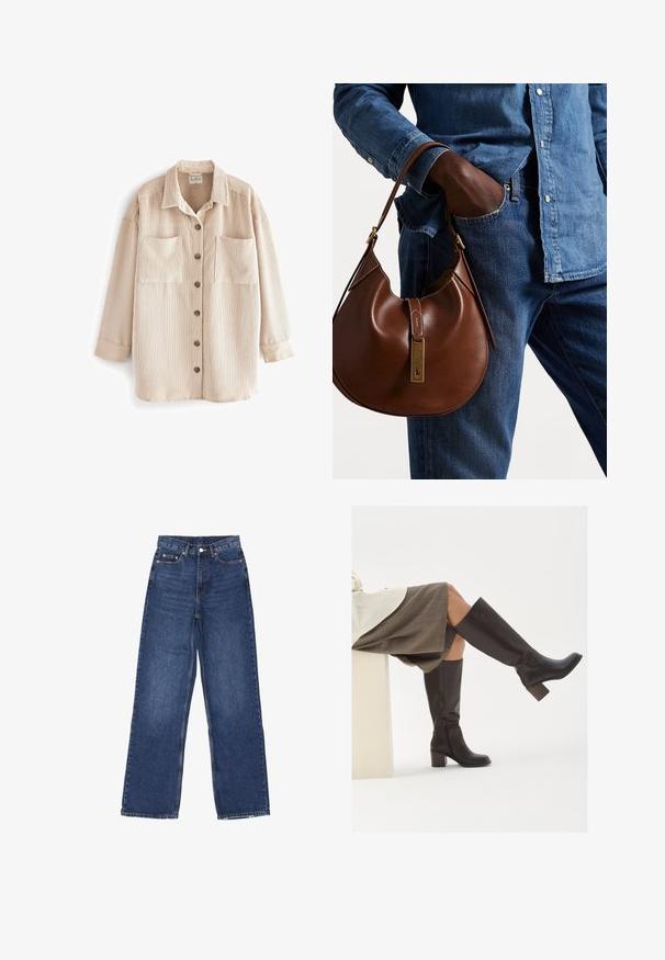 Beige corduroy overhemdjack met verticale strepen, twee borstzakken, vier bruine knopen aan de voorkant en een omgeslagen kraag.; Twee mouwloze geribbelde coltruien in bruin en zwart, weergegeven op een effen witte achtergrond.; Wijde spijkerbroek in blauwe denim met hoge taille, voorzien van een knoopsluiting, vijf zakken en subtiele vervaging op de stof.; Bruine leren laarzen tot de knie met een vierkante neus, stevige hak en zijrits. Gladde textuur met een gepolijste afwerking.; Bruine leren hobo tas met een rondvorm, voorzien van een gouden hardwareaccent en contrasterende stiksels. Gecombineerd met een denim shirt en jeans.