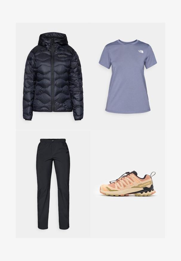 Tumši zila pūkaina jaka ar kapuci, kabatām šūto viļņu rakstā, ar priekšpusē rāvējslēdzēju un logotipa detaļu uz krūtīm. Viegls, gluds audums.; Gaiši zils īsais piedurkņu T-krekls, kas izgatavots no mīkstas auduma, ar apaļu kakla izgriezumu un mazu baltu logotipu kreisajā krūtīs.; Melnas, vieglas, ūdensizturīgas bikses ar elastīgu jostu un divām sānu kabatām; gluda tekstūra; taisnu kāju dizains.; Salomon skriešanas apavi ar rozā un bēšas krāsas teksturētu sietu, elastīgu zoli, ievērojamu papēža dizainu un atstarojošiem akcentiem.