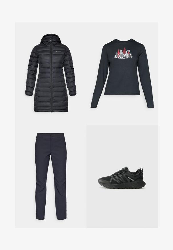 Crna topla jakna s kapuljačom, dugim rukavima i prednjim patentnim zatvaračem. Sadrži prošivene dijelove i logo na prsima.; Majica dugih rukava tamnosive boje s grafikom crvenih drveća i planina; logo "COLUMBIA" u podebljanom bijelom tekstu. Mekana tkanina, standardni okrugli izrez.; Pantalone tamnoplave boje od glatkog materijala, s prednjim kopčanjem na dugme, uskim krojem i pregibima na koljenima.; Columbia PEAKFREAK - Obuća za pješačenje - black