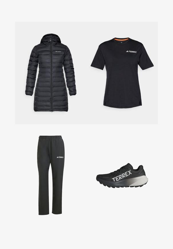 Crna topla jakna s kapuljačom, dugim rukavima i prednjim patentnim zatvaračem. Sadrži prošivene dijelove i logo na prsima.; Crna majica kratkih rukava s okruglim izrezom, koja ima suptilnu melirani teksturu i bijeli logo "TERREX" na gornjoj lijevoj strani.; Crne lagane hlače s elastičnom trakicom u struku. Imaju suptilan bijeli “TERREX” logo. Glatka tkanina i ravni kroj.; Crne trkačke tenisice s teksturiranim gornjim dijelom, istaknutim bijelim logotipom "TERREX", suženim dizajnom potplata i gradijentnim sivim naglaskom na peti.