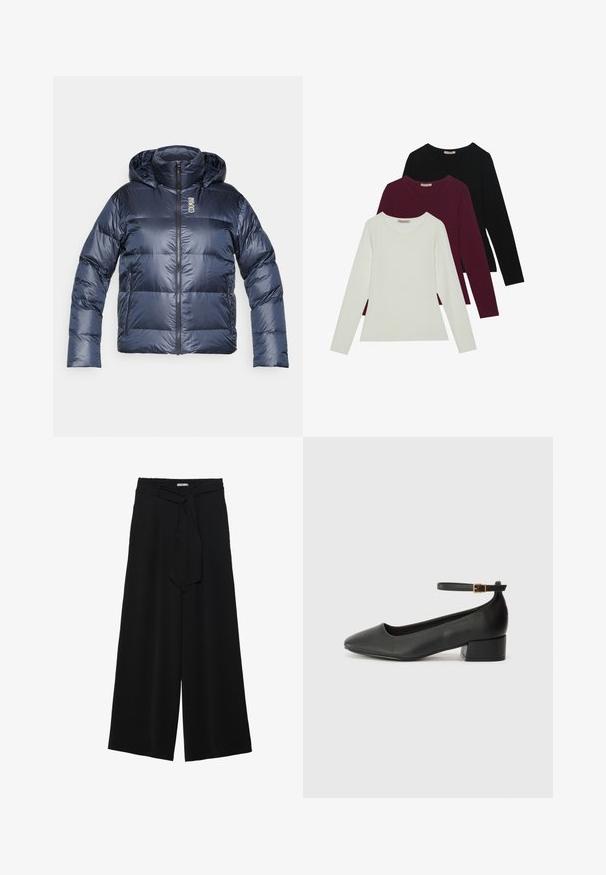 Jachetă puffer de culoare bleumarin, cu glugă, având fermoar frontal, design matlasat și logo pe piept. Material neted, lucios și manșete elastice.; Tricouri cu mânecă lungă în alb, burgundy și negru. Realizate dintr-un material moale, cu un guler rotund și un design ajustat. Potrivite pentru straturi.; Pantaloni largi negri dintr-un material texturat, cu un tiv elastic și o panglică detașabilă la talie pentru un fit ajustabil.; Pantof cu toc negru din piele, cu vârf ascuțit și toc mic pătrat. Dispune de o curea la gleznă cu o cataramă în tonuri de aur. Textură netedă.